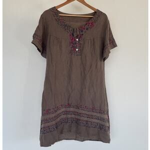 Vtg 90s Brown Floral Linen Dress Sz M/L Minimal Lagenlook Mori Kei Fairy S/M